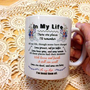 Collectible coffee cup with iconic song lyrics